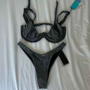 Brand new OneOne silver shimmer Brazilian high cut bikini bottom’s size Large